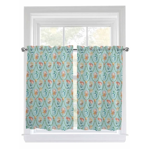 Nautical Coastal 2 Panel Kitchen Curtains for Windows, Summer Ocean Starfish Conch Shells Blue Bathroom Privacy Curtain, Home Décor Window Treatment for Bedroom/Living Room 55"x45"