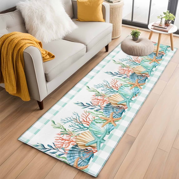 Nautical Coastal 2'x6' Runner Rugs for Hallway Kitchen Bedside Non Slip, Summer Sea Corals Shells Starfish Green Plaid Entryway Rug Runners with Rubber Backing, Long Carpet Runner for Laundry Room