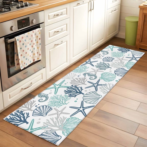 Nautical Coastal 2x6 Runner Rug for Hallway Walkway Kitchen Galley, Teal Blue Starfish Seashell Coral Seahorse Low Pile Washable Non Slip Long Area Rug