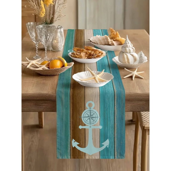 Nautical Coastal Anchor Compass Table Runner 13x70in Non-Slip Cotton Linen Table Runners, Vintage Colorful Wooden Board Dresser Scarves TableRunner for Dinner Kitchen Dining Wedding Party