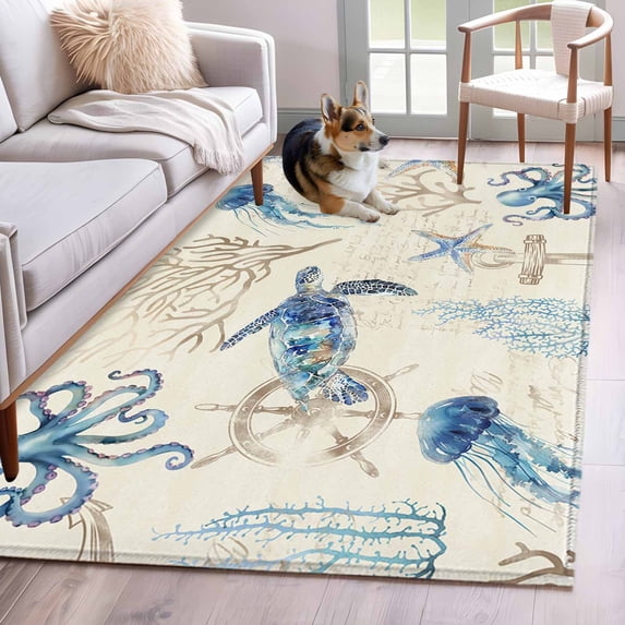 Nautical Coastal Area Rug 4x6 FT, Non Slip Kids Room Carpet, Vintage Beach Octopus Turtle Jellyfish Washable Soft Floor Carpet Non-Shedding Throw Rug for Dorm Kitchen Study Room Home Office Bedside