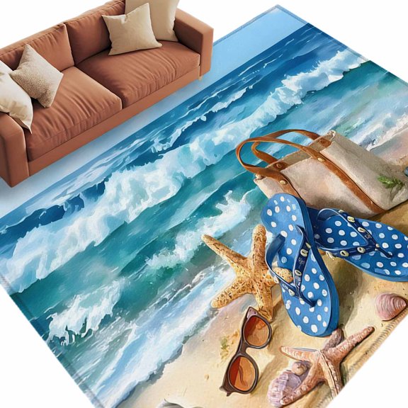 Nautical Coastal Area Rug 5x8 Washable Rug Non Slip Summer Beach Flip Flops Bags Starfish Waves Large Area Rug Soft Stainresistant Indoor Floor Carpet for Living Room Bedroom Office Dining Room