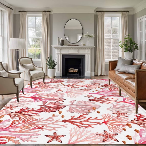 Nautical Coastal Area Rugs 5'x7', Small Throw Rugs for Laundry Room Playroom, Summer Sea Coral Starfish Underwater Red Indoor Outdoor Rug Non-Slip Low Pile Carpet Runner Reversible Floor Mats