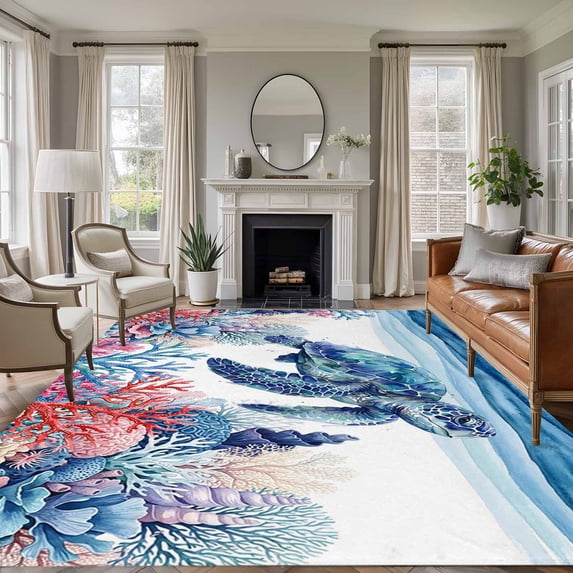 Nautical Coastal Area Rugs 8'x10', Washable Small Throw Rugs for Living Room Patio, Ocean Underwater Turtle Coral Plants Waves Indoor Outdoor Rug Non-Slip Low Pile Carpet Runner Reversible Floor Mats