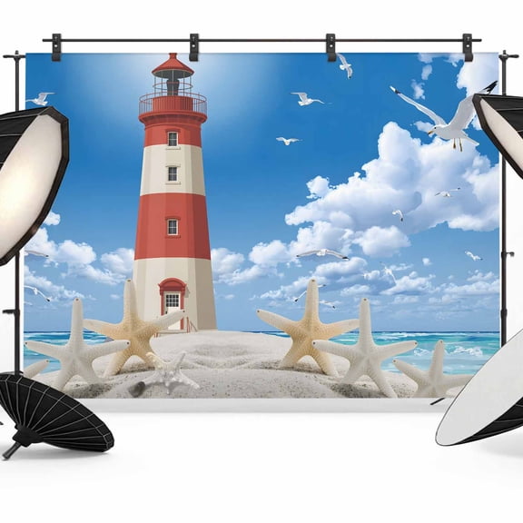 Nautical Coastal Backdrop for Photoshoot,Photography Photo Studio Background Wall Backdrop,Ocean Sea Starfish Lighthouse Sky Back Drop Banner Panel for Portraits Wedding Party Live Streaming 7x5Ft