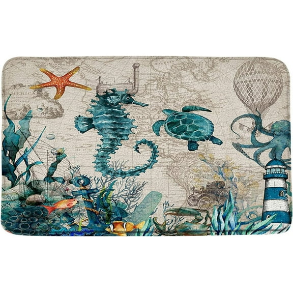 Nautical Coastal Bath Mat Ocean Seahorse Beach Bathroom Rugs Coral Conch Seashell Underwater Sea Animal Marine Non-Slip Mats Carpet Bedroom Kitchen Floor Decor 29.5 x 17.7 in