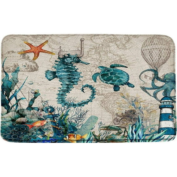 Nautical Coastal Bath Mat Ocean Starfish Beach Bathroom Rugs Coral Underwater Sea Plant Marine Life Watercolor Non-Slip Mats Carpet Bedroom Kitchen Floor Decor 23.6 x 15.7 in