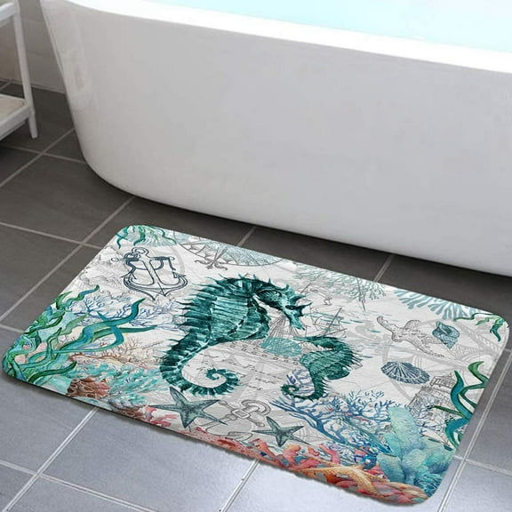 Nautical Coastal Bath Mat for Bathroom, Fish Ocean Animal Seashell Seahorse Non-Slip Bathroom Rug, Teal Ocean Bathroom Accessories 17X29inches