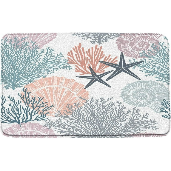 Nautical Coastal Bath Rug Ocean Beach Starfish Bathroom Mat Seashell Coral Watercolor Underwater Plants Summer Marine Themed Absorbent Carpet Bedroom Kitchen Floor Decor 29.5 x 17.7 in
