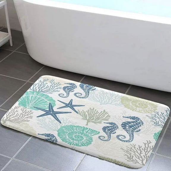Nautical Coastal Bath Rugs, Starfish Coral Seahorse Conch Ocean Themed Bath Mats for Bathroom, Tropical Marine Animal Non-slip Door Mats for Kitchen Living Room and Bathroom (17*29Inch)