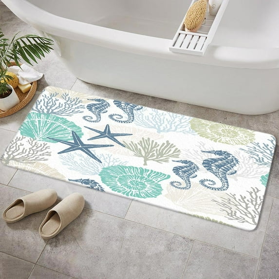 Nautical Coastal Bath Rugs, Starfish Coral Seahorse Conch Ocean Themed Bath Mats for Bathroom, Tropical Marine Animal Non-slip Door Mats for Kitchen Living Room and Bathroom 17X48IN