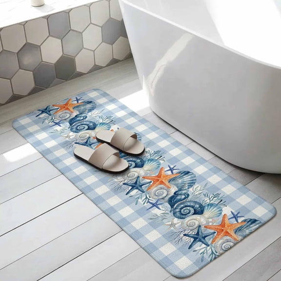 Nautical Coastal Bathroom Runner Rugs Non Slip Washable Absorbent Narrow Long Bath Mat Ocean Starfish Shells Coral Conch Blue Plaid Runner Rugs for Kitchen Hallway Bedroom Laundry 31.5"x78.7"