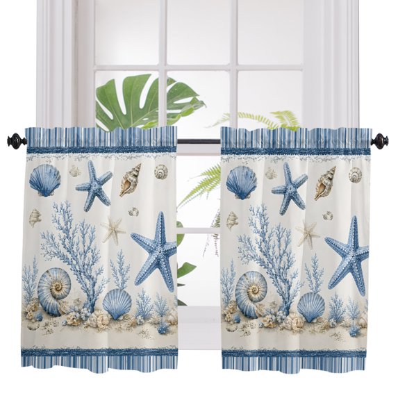 Nautical Coastal Bathroom Window Curtain, Starfish Conch Coral Navy Blue Light Filtering Coffee Kitchen Curtains, Bedroom Living Room Curtains 2 Panel 84"x45"