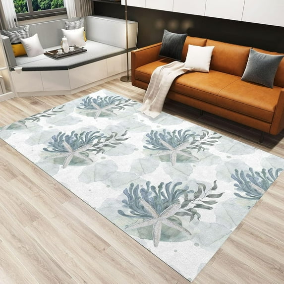 Nautical Coastal Beach Area Rugs Starfish Seaweed Coral Carpet Washable Non Slip Breathable Durable Portable Living Room Bedroom Study Dining Office 3x4 Small Non-slip Soft Home Decor