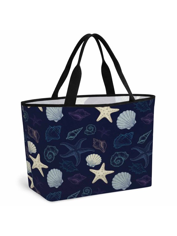 Nautical Coastal Beach Bag for Women, Large Breathable Mesh Beach Tote Bag, Ocean Beach Starfish Shell Conch Navy Blue Sandproof Lightweight Travel Bags for Vacation Picnic Swimming Pool