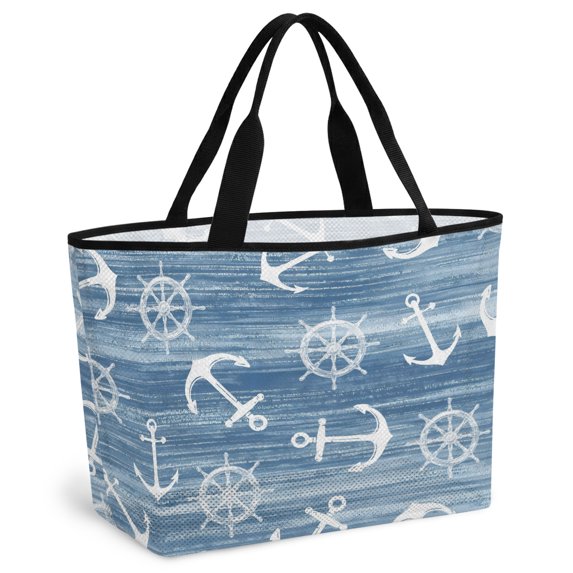Nautical Coastal Beach Bag for Women, Large Breathable Mesh Beach Tote Bag, Summer Ocean Anchors Rudder Retro Blue Sandproof Lightweight Travel Bags for Vacation Picnic Swimming Pool 15.7"x15.7"x9.1"
