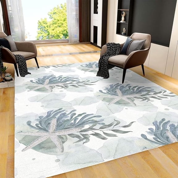 Nautical Coastal Beach Theme Area Rug, Blue Starfish Seaweed Coral Indoor Non-Slip Kids Rugs, Machine Washable Breathable Durable Carpet For Living Room Bedroom Dining Room Office 3x4ft