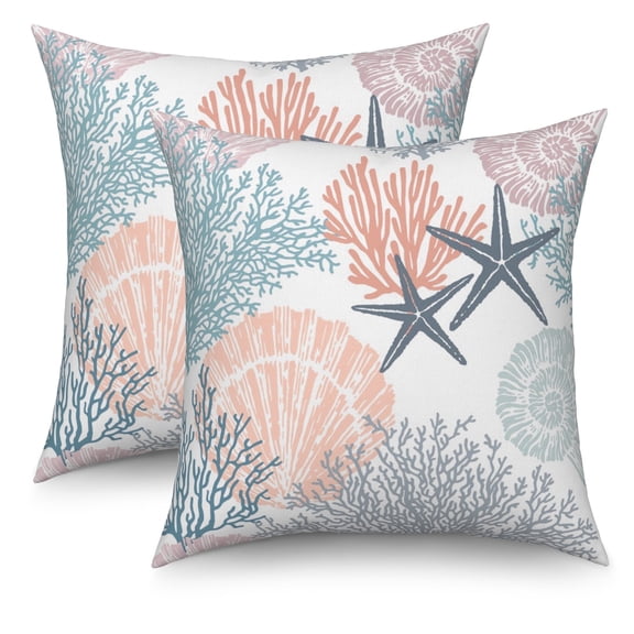 Nautical Coastal Beach Throw Pillow Covers 18x18 Set of 2,Ocean Themed Coral Starfish Pillowcases for Sofa Couch Living Room