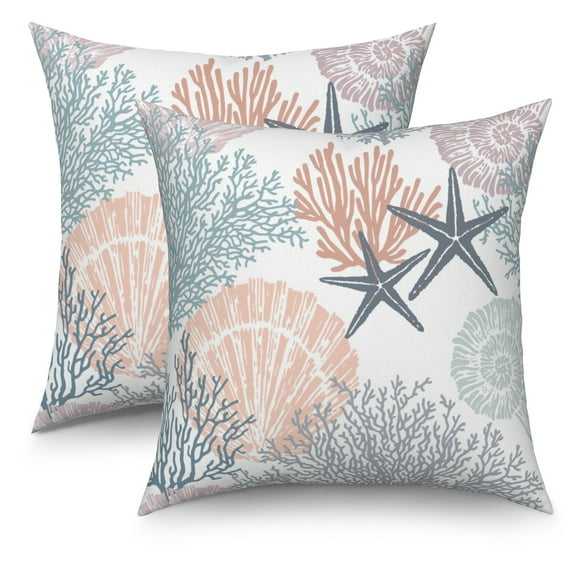 Nautical Coastal Beach Throw Pillow Covers 18x18 Set of 2,Ocean Themed Seashell Starfish Decorative Pillow Cases for Bedroom Sofa Couch