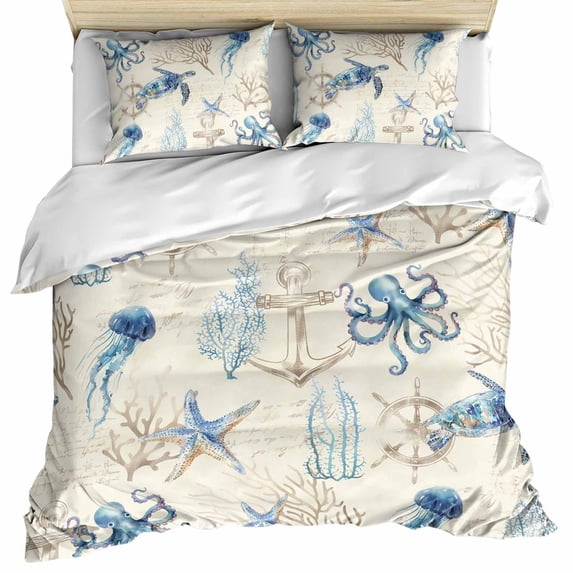Nautical Coastal Bedding 3 Piece Duvet Cover Set California King, Vintage Beach Octopus Turtle Jellyfish Soft Microfiber Comforter Cover with Zipper Closure & Pillowcases, FadeResistant Quilt Cover