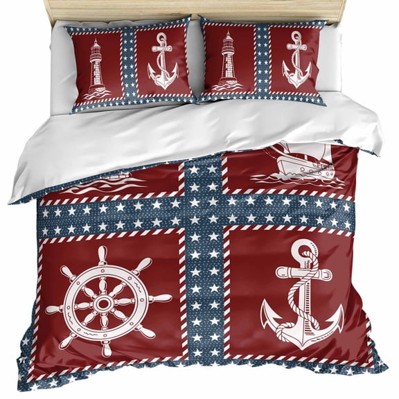 Nautical Coastal Bedding 3 Piece Duvet Cover Set Twin Size, Blue Red Lighthouse Sailing Anchor Rudder Microfiber Comforter Cover with Zipper Closure & Pillowcases, Wrinkle & FadeResistant Quilt Cover