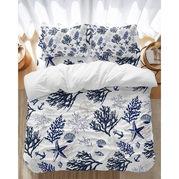 Nautical Coastal Bedding Duvet Cover Set California King Size 4 Pieces Ocean Retro Coral Starfish Black White Bedding Set with Zipper, 1 Comforter Cover 96x104 Inches 1 Flat Sheet & 2 Pillow Cases