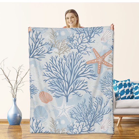 Nautical Coastal Blanket, Flannel Coastal Blankets Gifts, Starfish Ocean Seashell Beach Throw Blanket for Sofa Couch Bed Living Room Soft Warm Cozy Nautical Decor 50" x 40"
