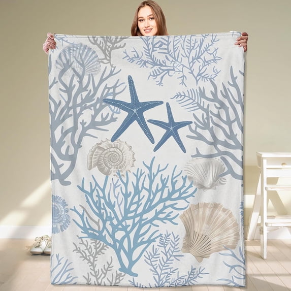 Nautical Coastal Blanket,Ocean Beach Seashell Starfish Throw Blankets,Gifts for Kids & Marine Life Lovers,Lightweight Soft Fleece,for Picnic Sofa Couch Bed Room Travel,Birthday Decor,40x50in