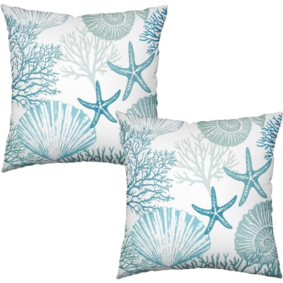 Nautical Coastal Blue Throw Pillow Covers 16x16 Set of 2 Summer Turquoise Teal Beach Outdoor Pillow Cover Coral Seashell Starfish Ocean Decorative Pillow Cases for Living Room Couch Sofa
