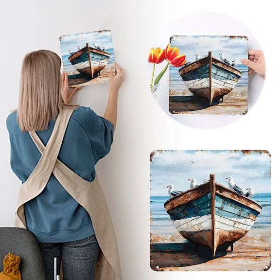 Nautical Coastal Boat Metal Tin Sign in Brown 30cm Beach Wall Marine Plaque for Bathroom or Villa Rustic Farmhouse Style