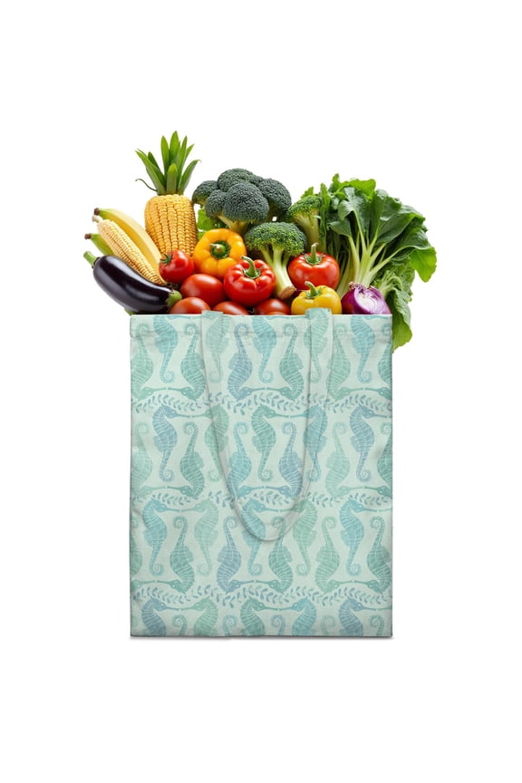 Nautical Coastal Canvas Shopping Tote Bag with Seaweed, Jellyfish, and Starfish Print, Durable Eco-Friendly Reusable Bag for Women, Lightweight Foldable Handbag for Beach & School