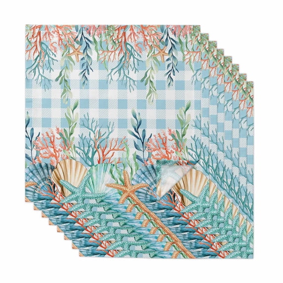 Nautical Coastal Cloth Napkins, Summer Beach Shell Coral Seaweed Blue Plaid Washable and Reusable Dinner Napkins Set of 8, Table Napkin for Kitchen Party Birthday Wedding Hotel Housewarming 20"x20"