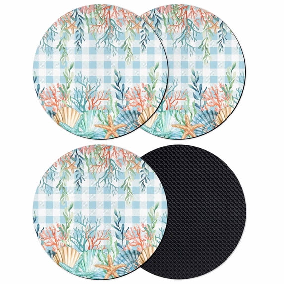 Nautical Coastal Coasters Set of 4, Absorbent Coasters for Drinks, Summer Beach Shell Coral Seaweed Blue Plaid Coaster for Desk Coffee Table Protection, Home Decor House Warming Gifts 4"