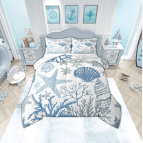 Nautical Coastal Comforter Set Blue Ocean Beach Queen Bedding Comforter Sets ,Seashell Starfish Quilt Conch Shell Coral Duvet Insert,Plain White Blue Room Decor
