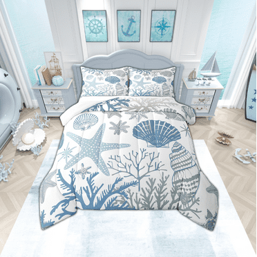 Nautical Coastal Comforter Set Blue Ocean Beach Queen Bedding Comforter Sets ,Seashell Starfish Quilt Conch Shell Coral Duvet Insert,Plain White Blue Room Decor