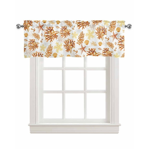Nautical Coastal Corals Linen Curtain Valance for Bedroom/Bathroom/Kitchen/Office/Living/Dining Room Windows,Tropical Starfish Seashell Orange Pocket Topper Drapes Decorative Cafe Drapery Panel 42x18