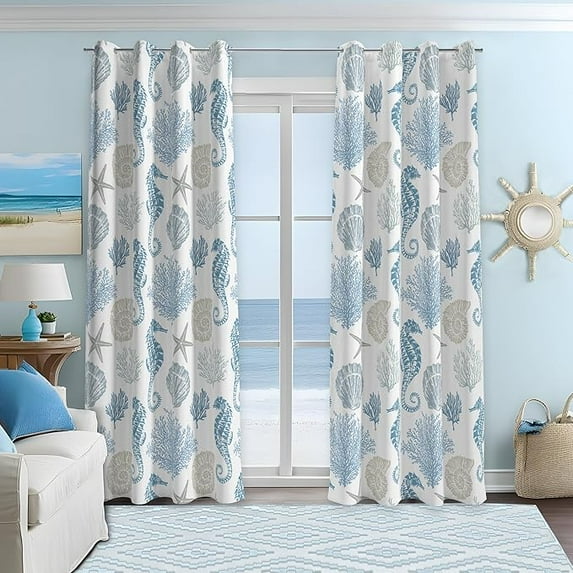 Nautical Coastal Curtains Decorative Beach Ocean Seahorse Coral 50% Light Blocking Sea Darkening Grommet Curtain For Villa Living Room, Bedroom Navy Blue And White 53"W x 63"L (Pack of 2)