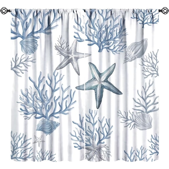 Nautical Coastal Curtains, Summer Blue Ocean Beach Coral Seashell Starfish Conch Print Window Drapes for Kitchen Bedroom Livingroom Bathroom, 84" W X 84" L