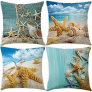 Nautical Coastal Decor Pillow Covers Starfish/Seashell/Sand/Conch/Beach House Decorative Cushion Covers 18 x 18 Inch Sea Theme Home Decorative Pillowcases, 4 Pack (Starfish)