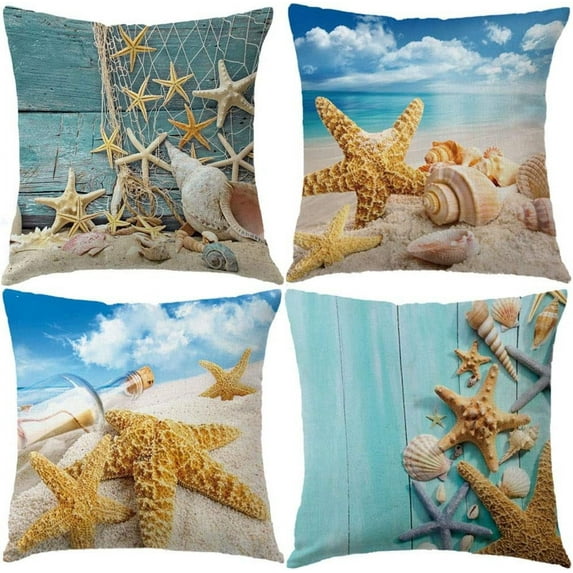 Nautical Coastal Decor Pillow Covers Starfish/Seashell/Sand/Conch/Beach House Decorative Cushion Covers 18 x 18 Inch Sea Theme Home Decorative Pillowcases, 4 Pack (Starfish)