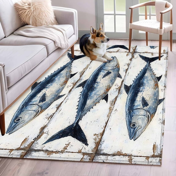 Nautical Coastal Fish Area Rug 4x6 Washable Rug Non Slip Oil Painting Ocean Beach Large Area Rug Indoor Floor Carpet for Entryway Bedroom Kitchen Living Room Home Office Dining Room Nursery