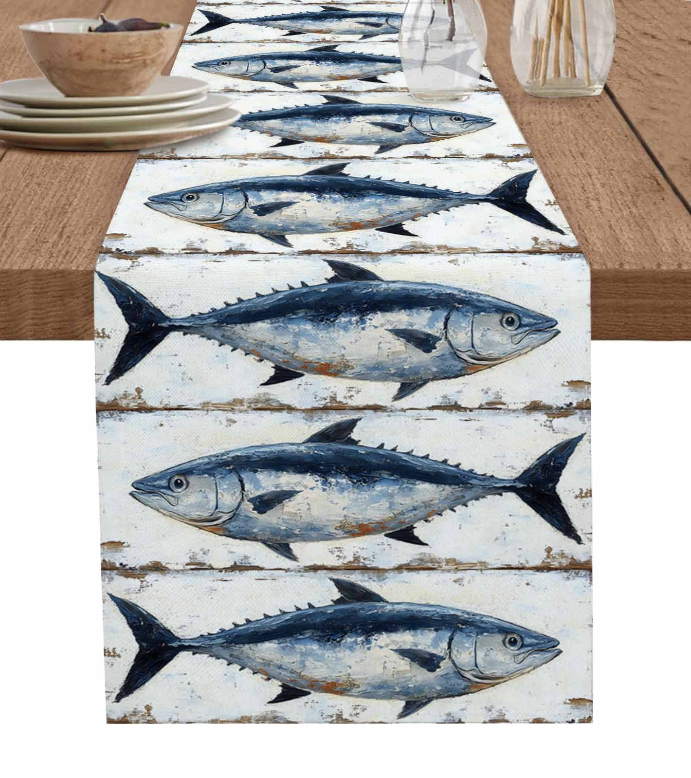 Nautical Coastal Fish Table Runner 90 Inches, Oil Painting Ocean Beach ...