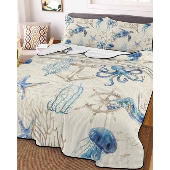 Nautical Coastal Full Size Down Alternative Comforter, Lightweight Comforter Quilt Bedding Set with Pillow Shams Vintage Beach Octopus Turtle Jellyfish All Seasons Bed Comforter Duvet Insert 78"x90"