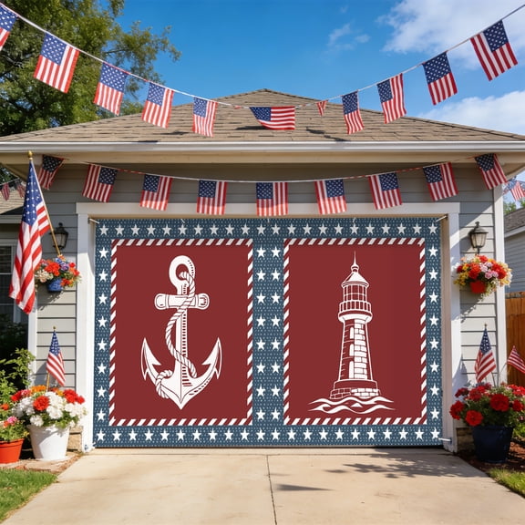 Nautical Coastal Garage Door Cover,Blue Red Lighthouse Sailing Anchor Rudder Garage Doorations with Ropes,Large Outdoor Hanging Banner Backdrop for Holiday Party Courtyard Porch Wall 6.9x16ft