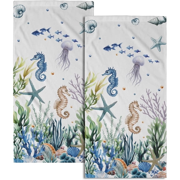 Nautical Coastal Hand Towels Coral Starfish Seashell Kitchen Towels 14.4 x 28.3 Inch Sea Themed Dishcloth Summer Beach Decorative Washcloth for Face Yoga Gym Spa