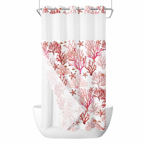 Nautical Coastal No Hook Shower Curtain with Snap in Liner, Waterproof Fabric Shower Curtains, Summer Sea Coral Starfish Underwater Red Shower Curtain Set Top See Through for Bathroom 36"x78"