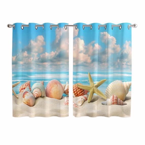 Nautical Coastal Kitchen Curtains 72 Inch Length, Summer Beach Shell Conch Starfish Blue Grommet Top Bedroom Living Room Curtains, Light Filtering Cafe Curtain Drapes 2 Panels Set 104''x72''
