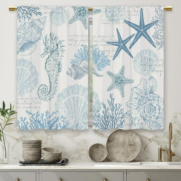 Nautical Coastal Kitchen Curtains Coral Blue Starfish Seashell Small Short Cafe Window Curtains Coral Beach Ocean Seahorse Underwater BathroomTier Window Treatment Drapes (27.5x39 Inch)