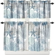 Nautical Coastal Kitchen Curtains and Valances Set Summer Beach Blue Teal Coral Kitchen Window Curtains Tier and Valance Curtain Set for Bedroom Living Room 54x18 & 27x24x2, 3 Panel, Ocean Animal -10