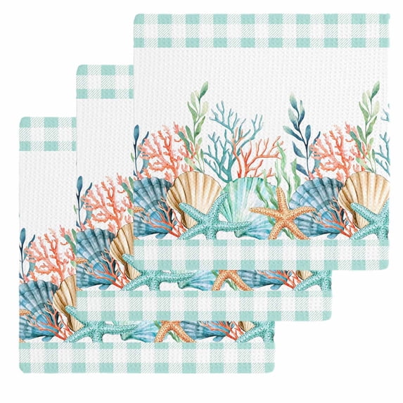 Nautical Coastal Kitchen Dish Towels for Drying Dishes Set of 3, Summer Sea Corals Shells Starfish Green Plaid Waffle Weave Microfiber Hand Tea Bathroom Towels Quick Dry & Absorbent Towel 12x12